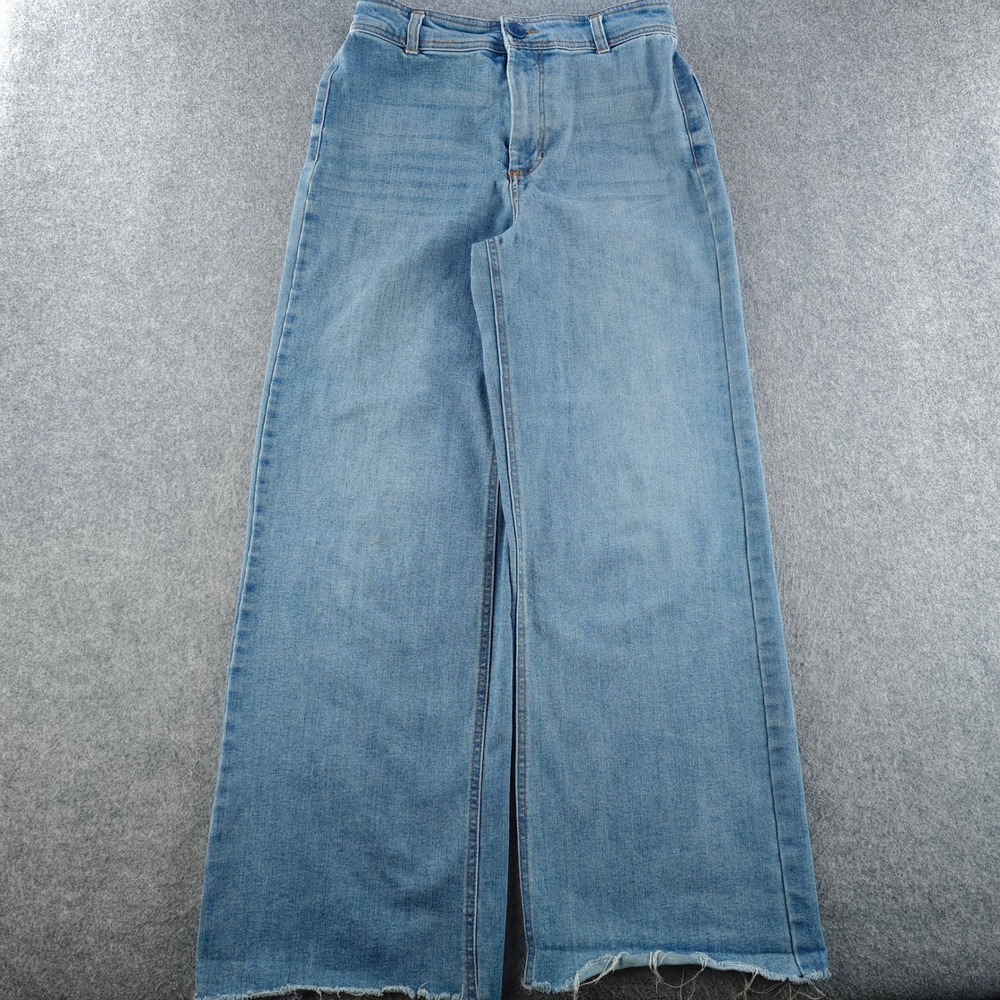 OAT New York Wide Leg Jeans Womens 8/29 Blue Denim High Rise Raw Hem Stretch